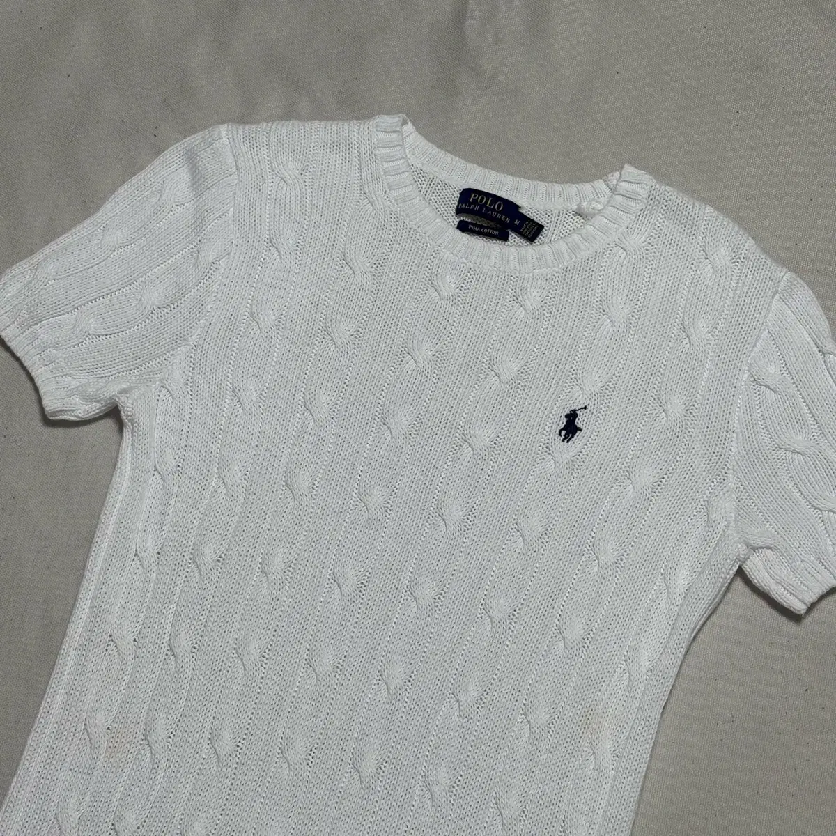 M Polo ラルフローレンネイビーポニー女性用ホワイト半袖ケーブルニット